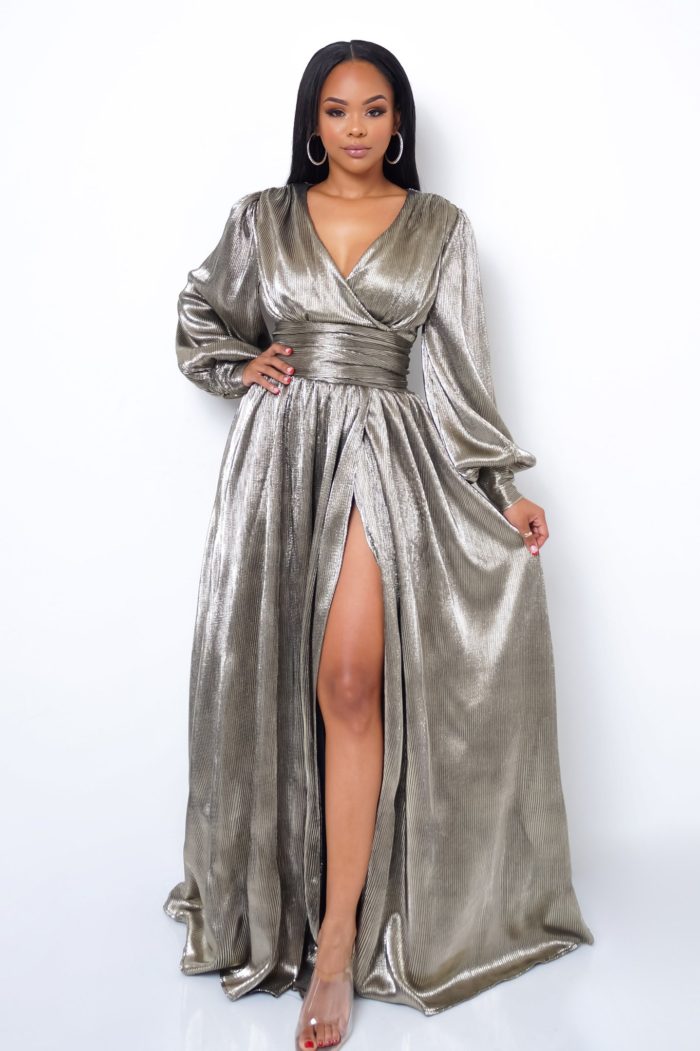 Gold Maxi Dress With Dynamic Front Slit – Critique’ Boutique