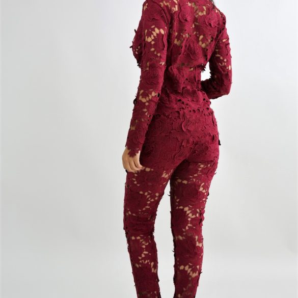 Burgundy Flower Detail Crochet Pant Suit