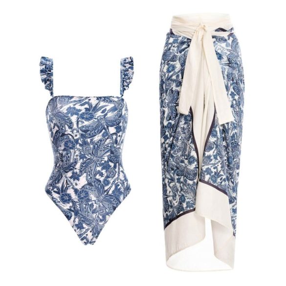 Blue Dragon Fly Print Swimsuit and Sarong Set